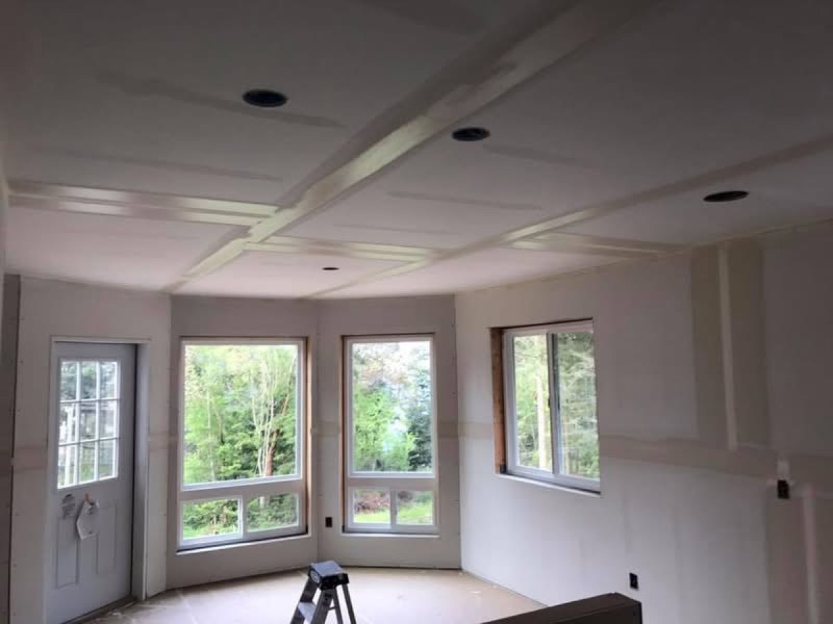 Coffered ceiling drywall detail with bay windows, Port Townsend WA